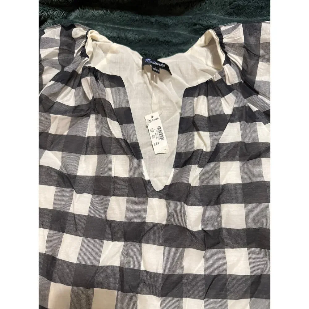NWT Madewell Bubble-Sleeve Top True‎ Black Gingham Plaid Short Sleeve Size 2